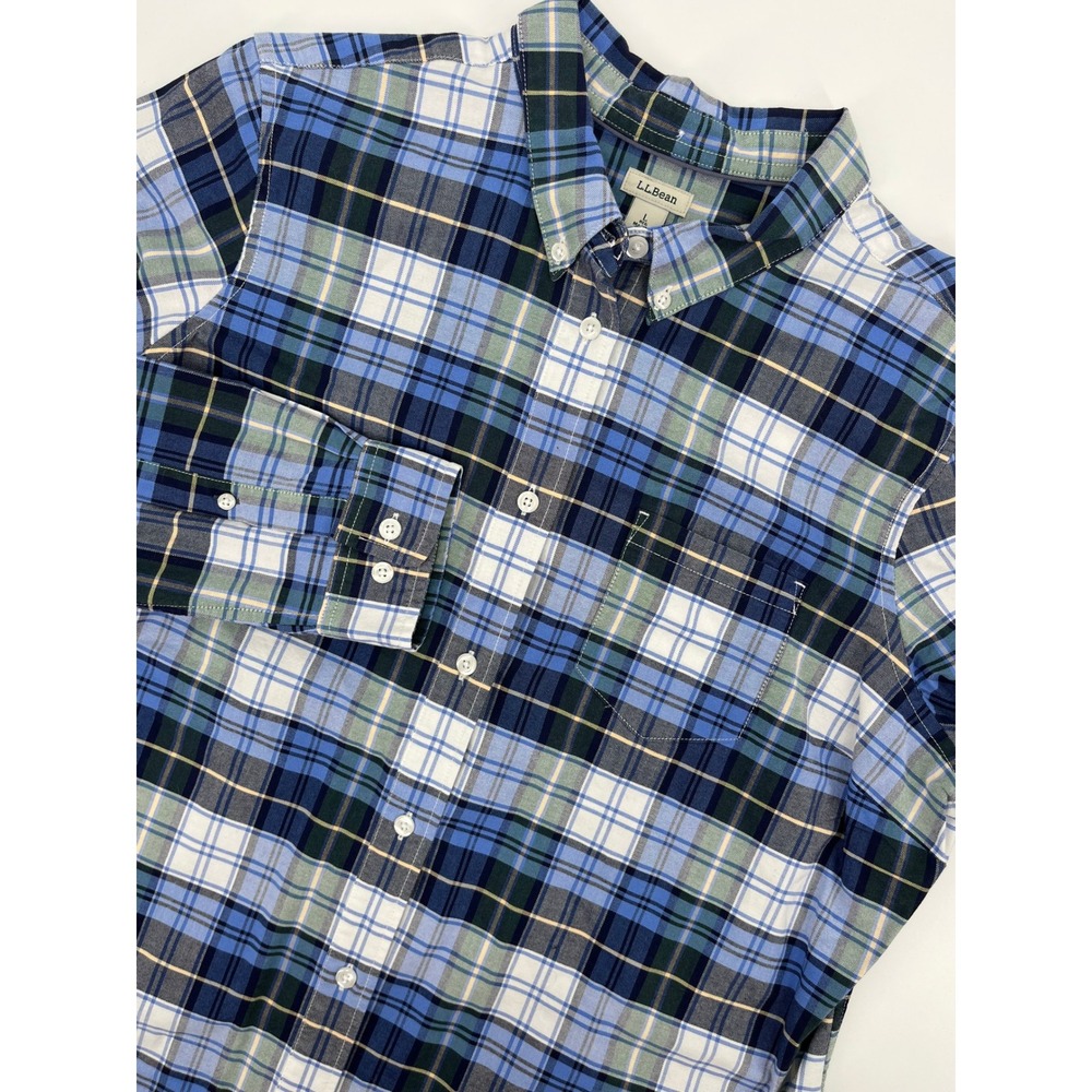 LL‎ Bean Mens Large Blue white Plaid Organic Cotton Button Down Shirt 505506